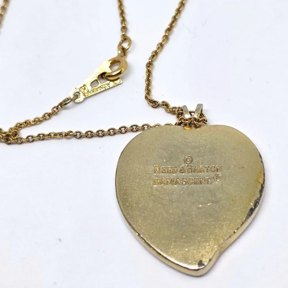 Vintage Reed & Barton Damascene Floral Heart Pendant with Amway GF 16' Chain